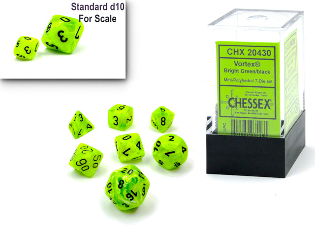 Chessex - Mini Vortex Polyhedral 7 Die Set - Bright Green & Black - Loaded Dice