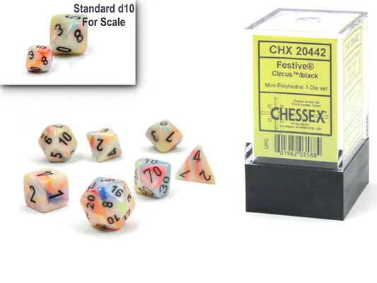 Chessex - Mini Festive Polyhedral 7 Die Set - Circus Black - Loaded Dice