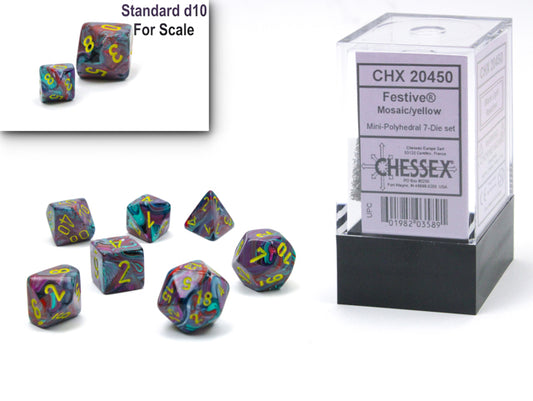 Chessex - Mini Festive Polyhedral 7 Die Set - Mosaic Yellow - Loaded Dice