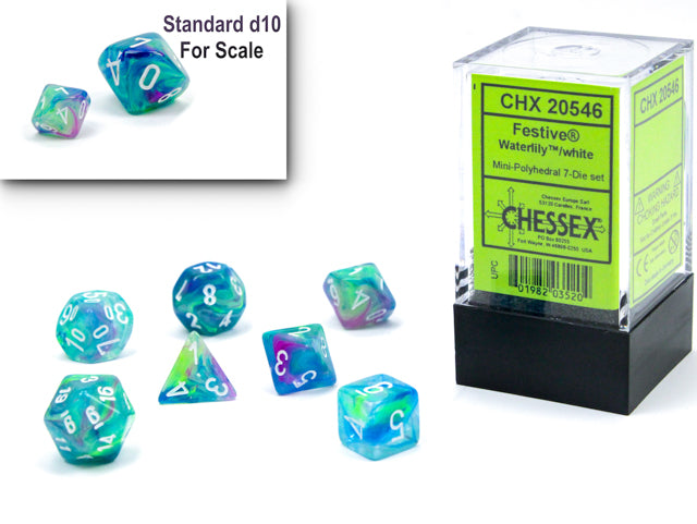 Chessex - Mini Festive Polyhedral 7 Die Set - Waterlily White - Loaded Dice