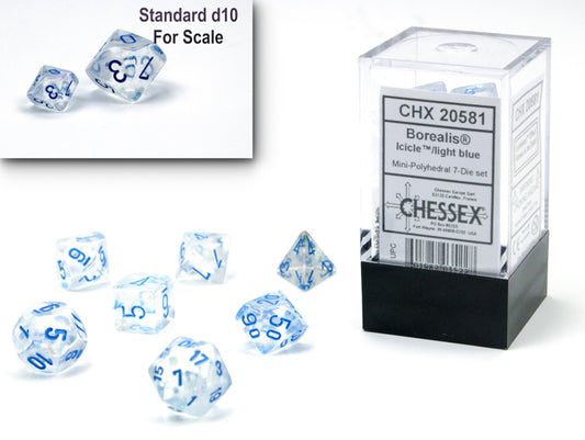 Chessex - Mini Borealis Polyhedral 7 Die Set - Luminary Icicle light Blue - Loaded Dice