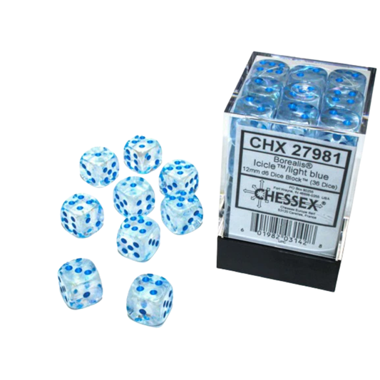 Chessex - Borealis 12mm D6 Dice Block - Luminary Icicle/light blue Luminary Dice Block - Loaded Dice