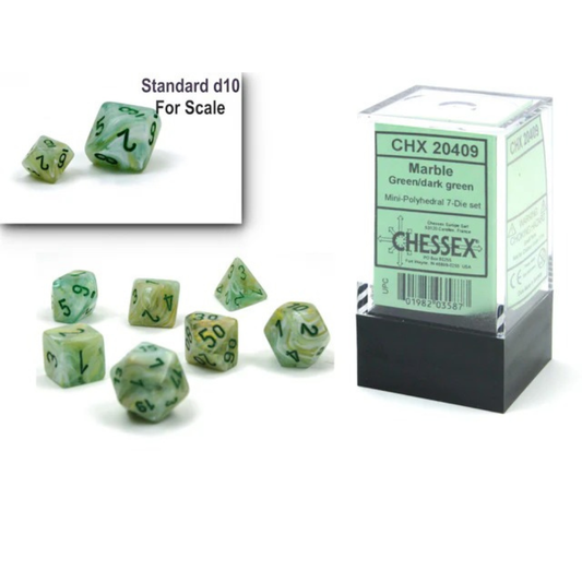 Chessex - Mini Marble Polyhedral 7 Die Set - Green & Dark Green - Loaded Dice