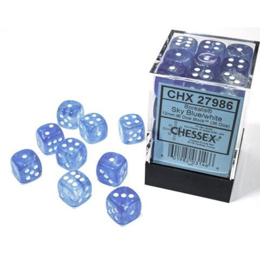 Chessex - Borealis 12mm D6 Dice Block - Luminary Sky Blue & White Dice Block - Loaded Dice
