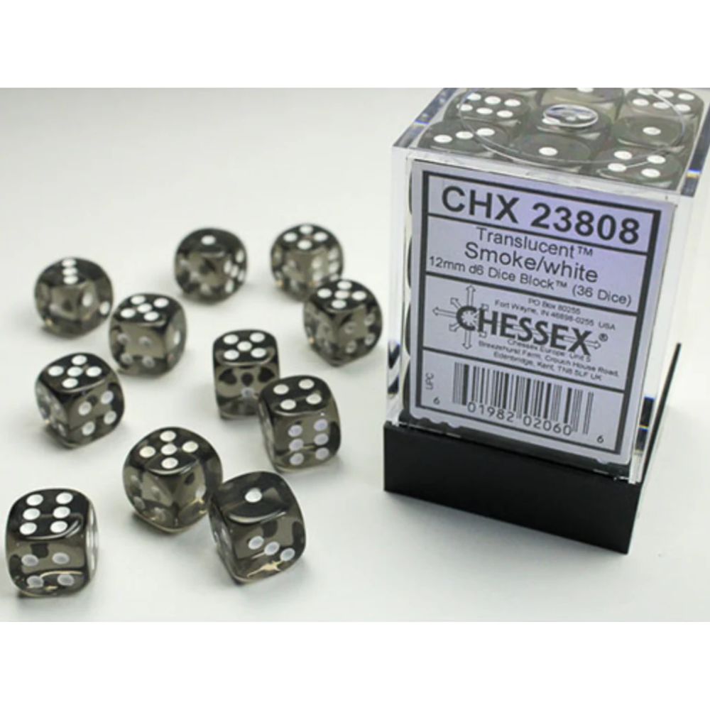 Chessex - Translucent 12mm D6 Dice Block - Smoke with White - Loaded Dice