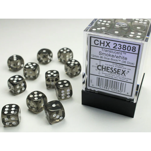 Chessex - Translucent 12mm D6 Dice Block - Smoke with White - Loaded Dice