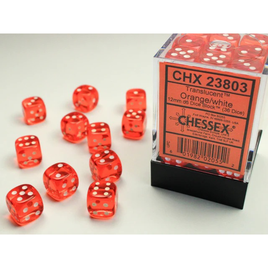 Chessex - Translucent 12mm D6 Dice Block - Orange with White - Loaded Dice
