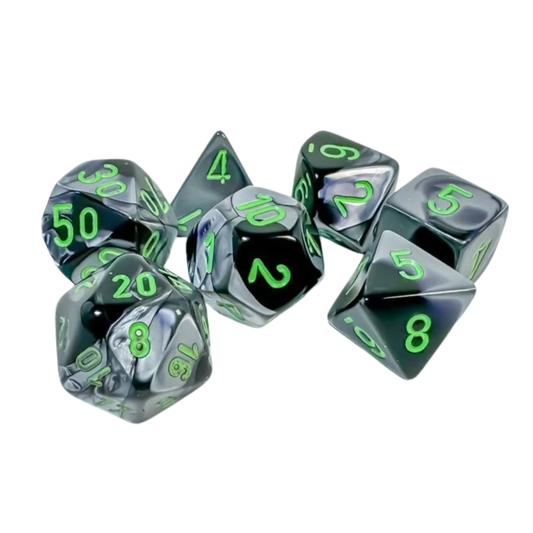 Chessex - Gemini Polyhedral 7 Dice Set - Black-Grey with Green - Loaded Dice