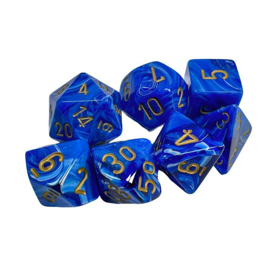 Chessex - Vortex Polyhedral 7 Dice Set - Blue with Gold - Loaded Dice