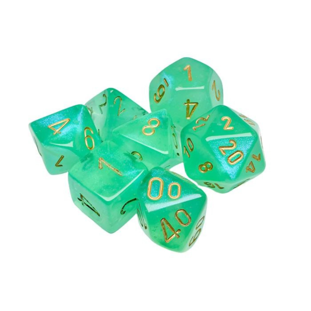 Chessex - Borealis Polyhedral 7 Dice Set - Luminary Light Green & Gold - Loaded Dice