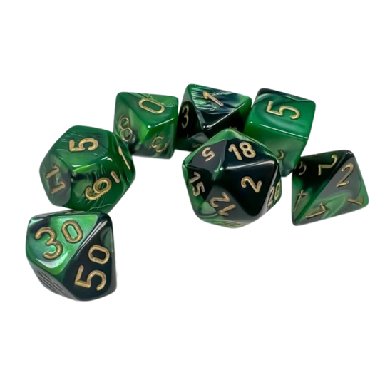 Chessex - Gemini Polyhedral 7 Dice Set - Black-Green with Gold - Loaded Dice