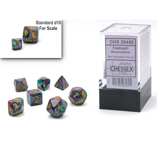 Chessex - Mini Festive Polyhedral 7 Die Set - Mosaic Yellow - Loaded Dice