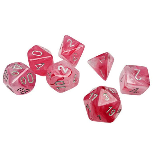 Chessex - Ghostly Polyhedral 7 Dice Set - Glow Pink & Silver - Loaded Dice