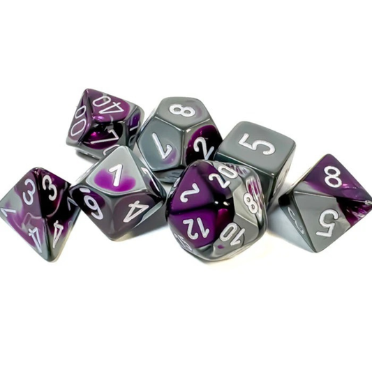 Chessex - Gemini Polyhedral 7 Dice Set - Purple-Steel with White - Loaded Dice