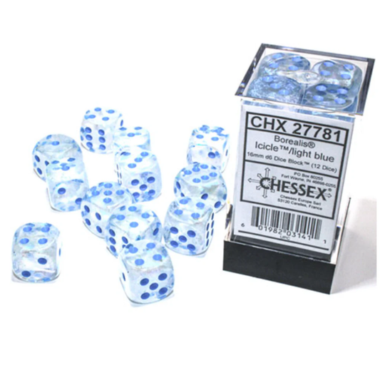 Chessex - Borealis 16mm D6 Dice Block - Luminary Icicle light Blue Dice Block - Loaded Dice