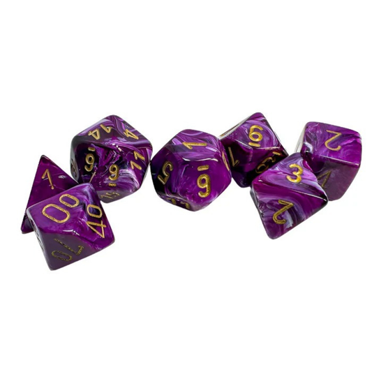 Chessex - Vortex Polyhedral 7 Dice Set - Purple with Gold - Loaded Dice