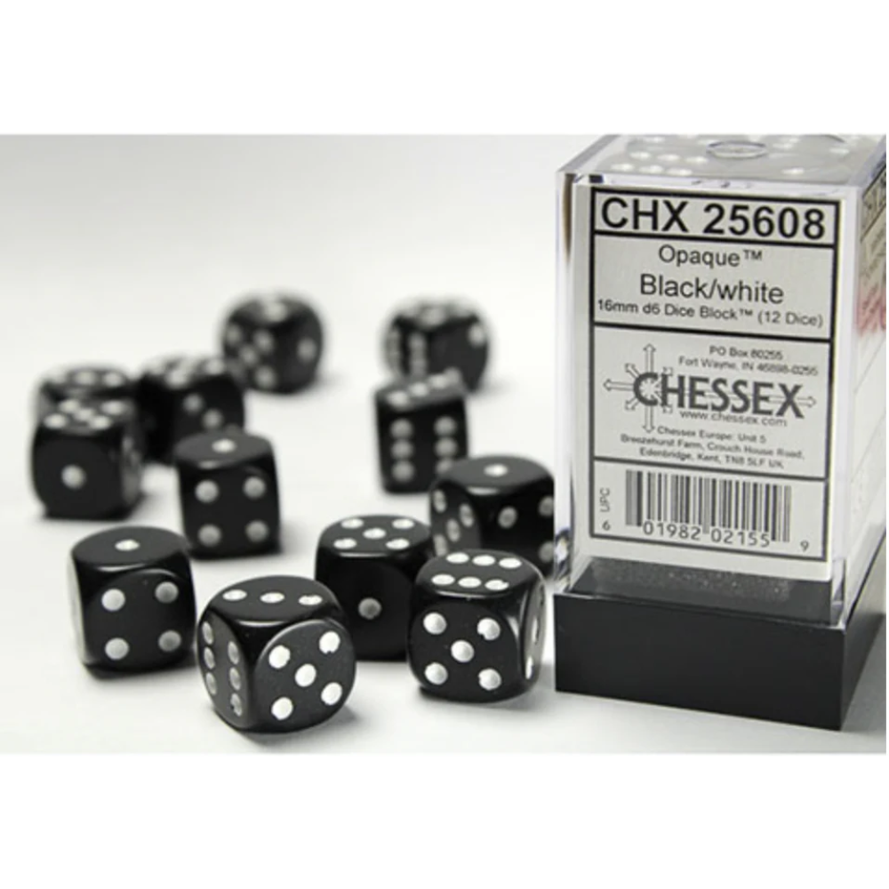 Chessex - Opaque 16mm D6 Dice Block - Black with White - Loaded Dice