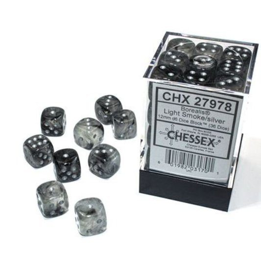 Chessex - Borealis 12mm D6 Dice Block - Luminary Light Smoke Silver Dice Block - Loaded Dice