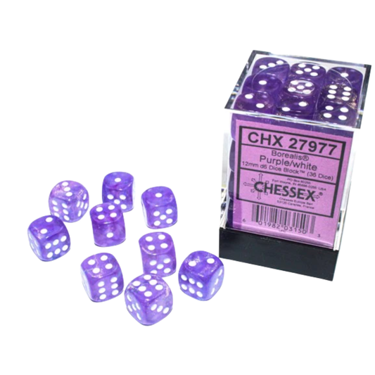 Chessex - Borealis 12mm D6 Dice Block - Luminary Purple & White Dice Block - Loaded Dice