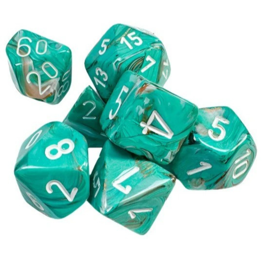 Chessex - Marble Polyhedral 7 Dice Set - Oxi-Copper & White - Loaded Dice