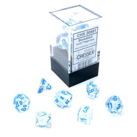 Chessex - Mini Borealis Polyhedral 7 Die Set - Luminary Icicle light Blue - Loaded Dice