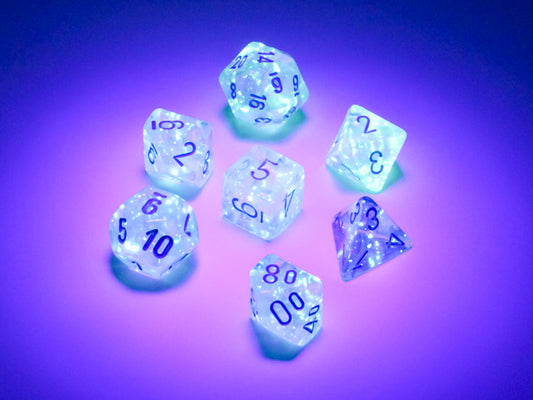 Chessex - Mini Borealis Polyhedral 7 Die Set - Luminary Icicle light Blue - Loaded Dice