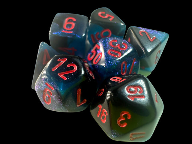 Chessex - Mini Gemini Polyhedral 7 Die Set - Starlight Black & Red - Loaded Dice