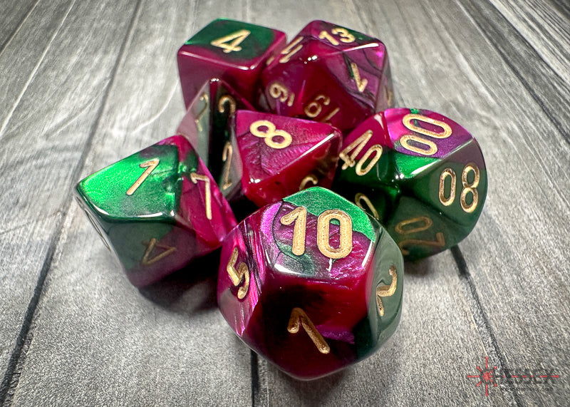 Chessex - Gemini Polyhedral 7 Dice Set - Green-Purple with Gold - Loaded Dice