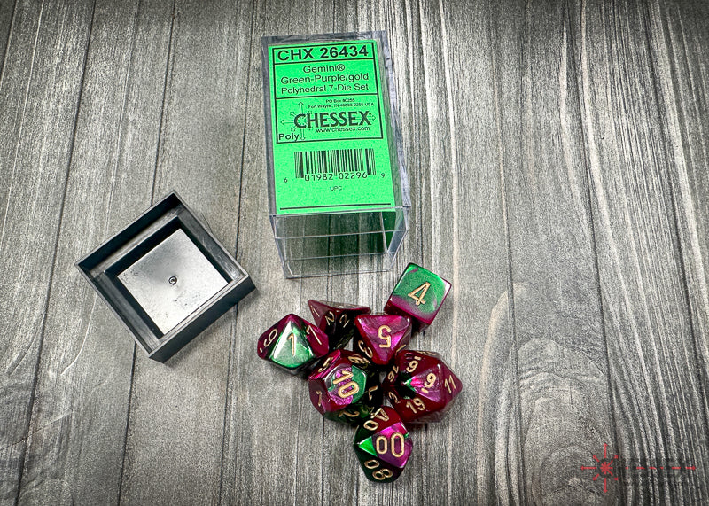 Chessex - Gemini Polyhedral 7 Dice Set - Green-Purple with Gold - Loaded Dice
