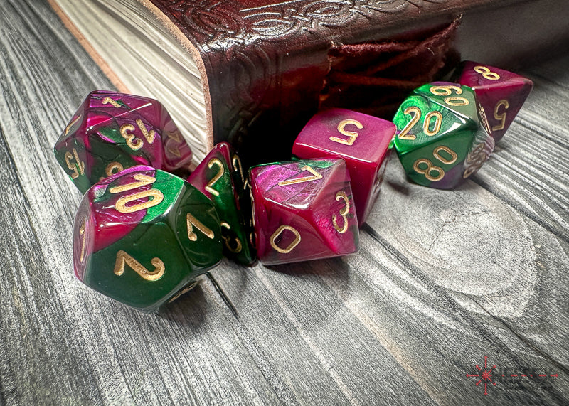 Chessex - Gemini Polyhedral 7 Dice Set - Green-Purple with Gold - Loaded Dice