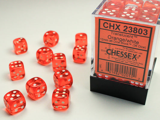 Chessex - Translucent 12mm D6 Dice Block - Orange with White - Loaded Dice