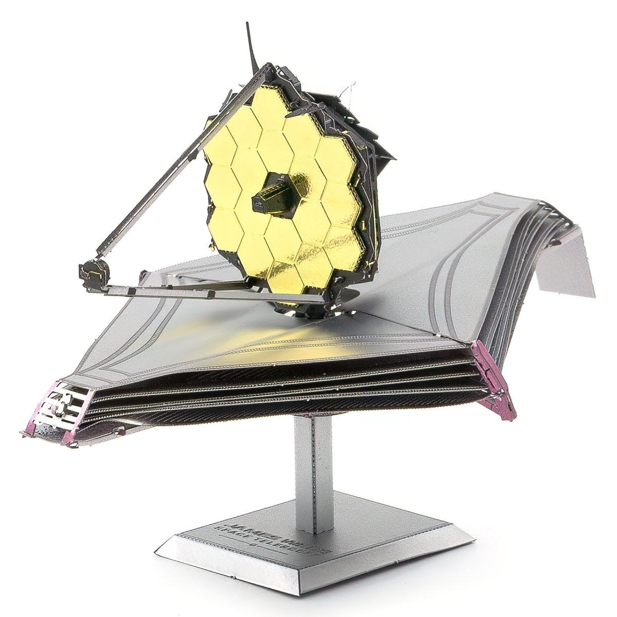 Metal Earth James Webb Space Telescope model kit built, angle view 1
