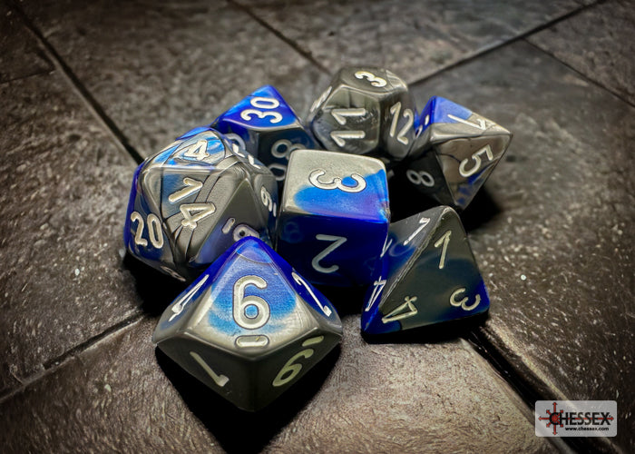 Chessex - Gemini Polyhedral 7 Dice Set - Blue, Steel with White - Loaded Dice
