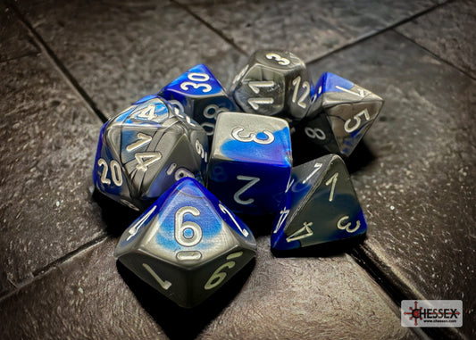 Chessex - Gemini Polyhedral 7 Dice Set - Blue, Steel with White - Loaded Dice