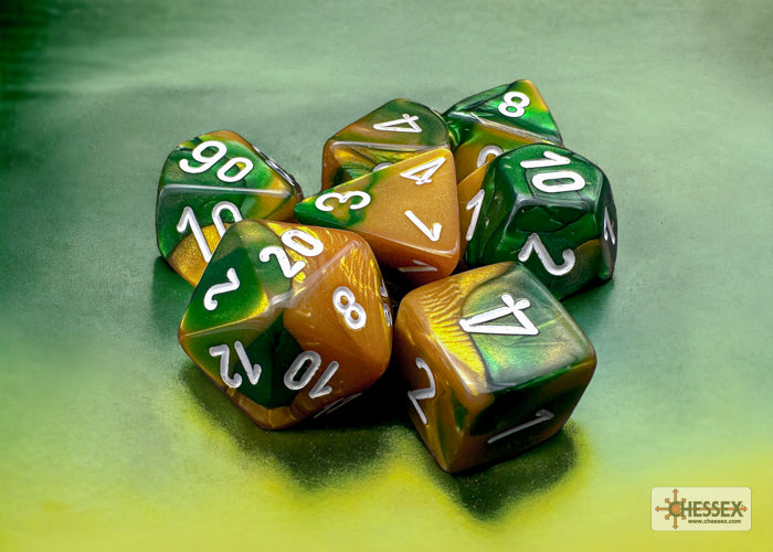 Chessex - Gemini Polyhedral 7 Dice Set - Gold-Green with White - Loaded Dice
