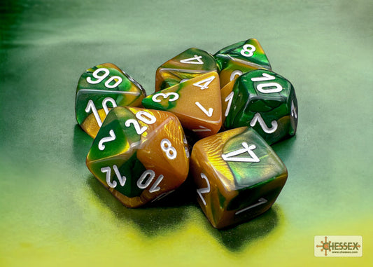 Chessex - Gemini Polyhedral 7 Dice Set - Gold-Green with White - Loaded Dice