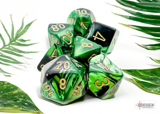 Chessex - Gemini Polyhedral 7 Dice Set - Black-Green with Gold - Loaded Dice