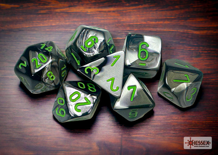 Chessex - Gemini Polyhedral 7 Dice Set - Black-Grey with Green - Loaded Dice