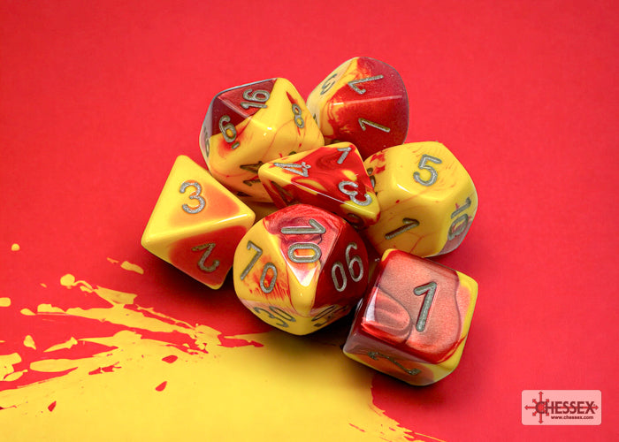 Chessex - Gemini Polyhedral 7 Dice Set - Red-Yellow with Silver - Loaded Dice