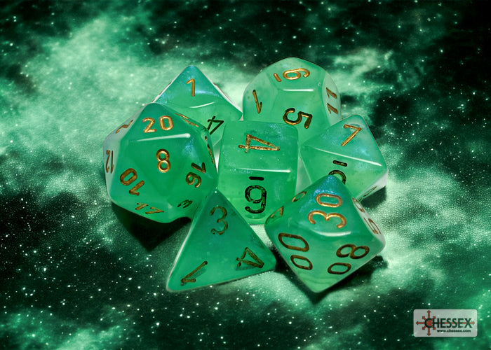 Chessex - Borealis Polyhedral 7 Dice Set - Luminary Light Green & Gold - Loaded Dice