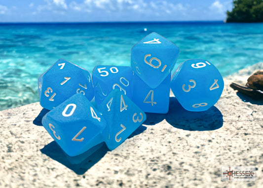 Chessex - Frosted Polyhedral 7 Dice Set - Caribbean Blue with White - Loaded Dice