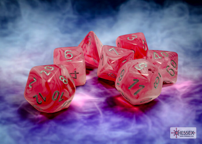 Chessex - Ghostly Polyhedral 7 Dice Set - Glow Pink & Silver - Loaded Dice