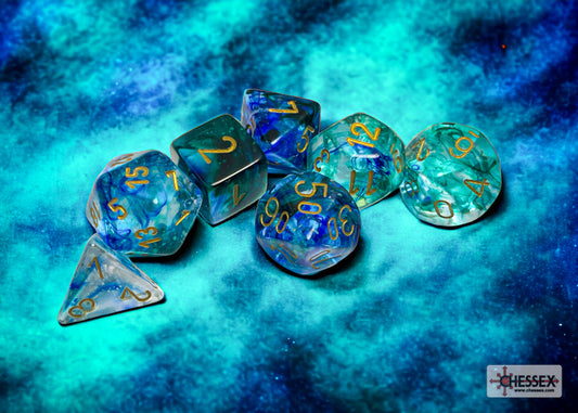 Chessex - Nebula Polyhedral 7 Dice Set - Luminary Oceanic Gold - Loaded Dice