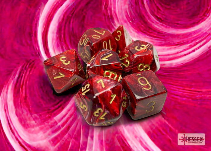 Chessex - Vortex Polyhedral 7 Dice Set - Burgundy with Gold - Loaded Dice