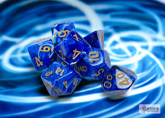 Chessex - Vortex Polyhedral 7 Dice Set - Blue with Gold - Loaded Dice