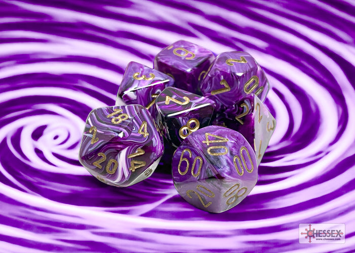 Chessex - Vortex Polyhedral 7 Dice Set - Purple with Gold - Loaded Dice
