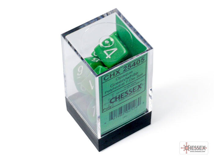 Chessex - Opaque Polyhedral 7 Dice Set - Green with White - Loaded Dice