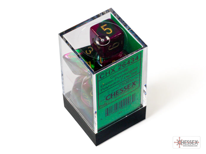 Chessex - Gemini Polyhedral 7 Dice Set - Green-Purple with Gold - Loaded Dice