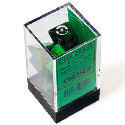 Chessex - Gemini Polyhedral 7 Dice Set - Black-Green with Gold - Loaded Dice