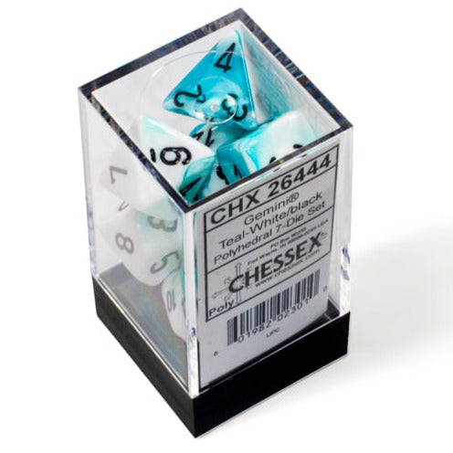 Chessex - Gemini Polyhedral 7 Dice Set - White-Teal with Black - Loaded Dice